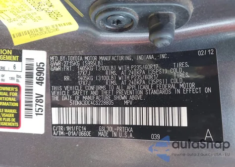 2012 Toyota Sienna Le V6 8 Passenger из США, поврежденный, VIN 5TDKK3DC4CS228805